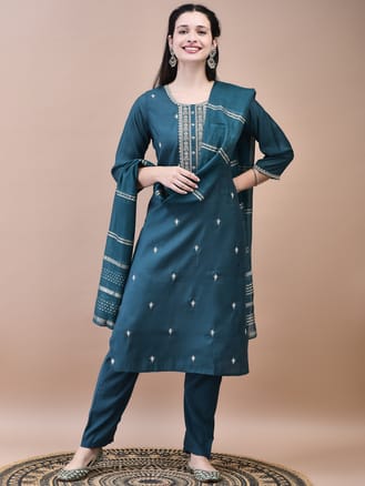 Women Chanderi Green Embroidered Kurta Comfort Pant Dupatta