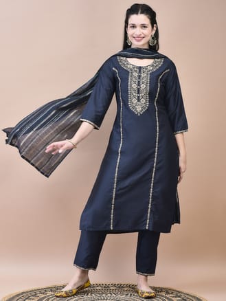 Women Poly Silk Grey Embroidered Kurta Trouser Dupatta