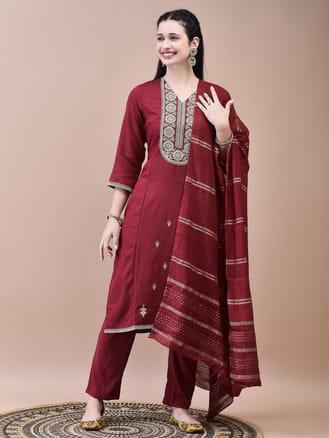 Women Poly Viscose Maroon Embroidered Kurta Comfort Pant Dupatta