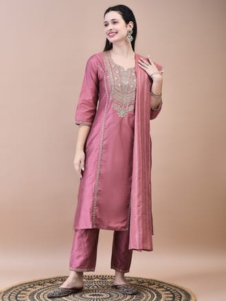 Women Poly Silk Pink Embroidered Kurta Trouser Dupatta