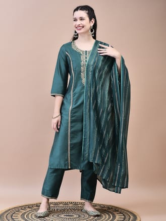 Women Poly Silk Green Embroidered Kurta Trouser Dupatta