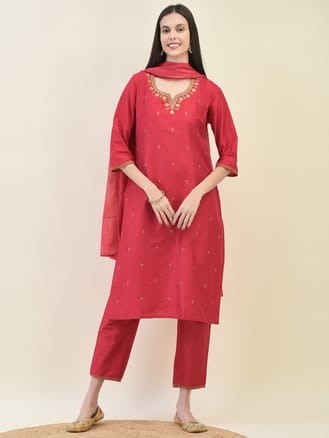 Women Poly Silk Red Embroidered Kurta Trouser Dupatta