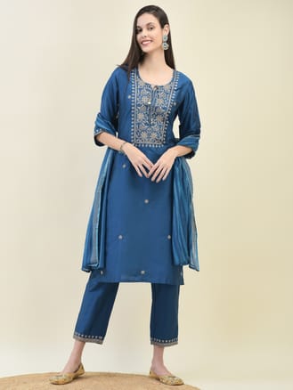 Women Poly Silk Blue Embroidered Kurta Trouser Dupatta