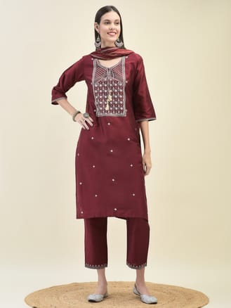 Women Poly Silk Maroon Embroidered Kurta Trouser Dupatta