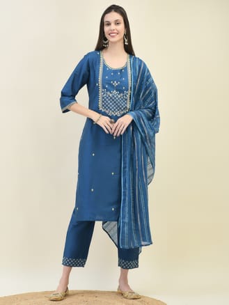 Women Poly Silk Blue Embroidered Kurta Trouser Dupatta