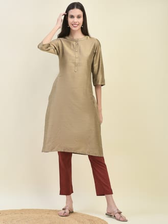 Women Poly Silk Beige Solid Kurta