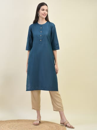 Women Poly Silk Blue Solid Kurta