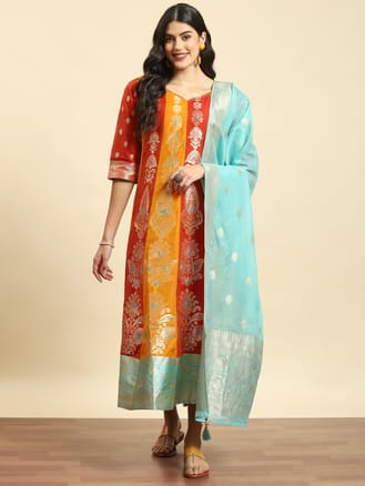 Women Chanderi Orange Jacquard Dress With Dupatta