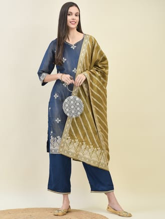 Women Jacquard Blue Ornamental Print Kurta Comfort Pant Dupatta