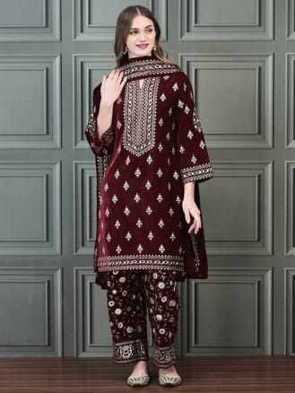 Women Winter Velvet Maroon Foil Print Kurta Wide Leg Pant Dupatta