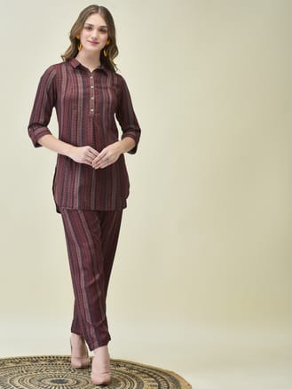 Women Liva (Rayon) Maroon Stripe Print Co-Ord Set