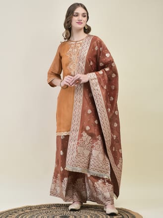 Women Jacquard Rust Woven Kurta Wide Leg Pant Dupatta