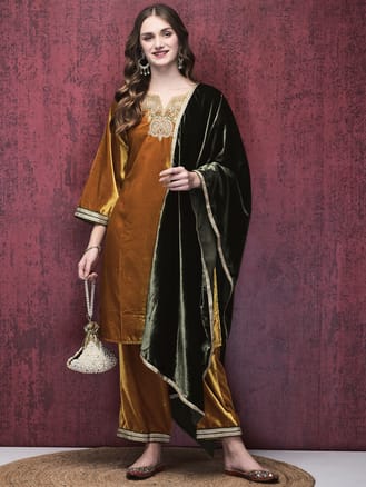 Women Winter Velvet Mustard Embroidered Kurta Comfort Pant Dupatta