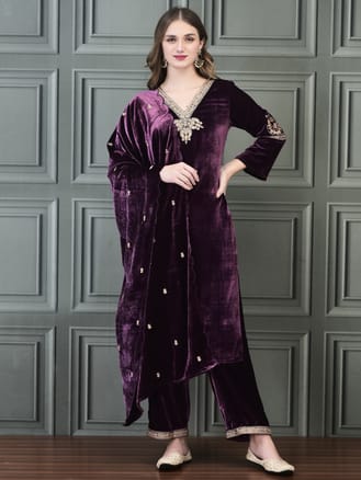 Women Winter Velvet Lilac Embroidered Kurta Comfort Pant Dupatta