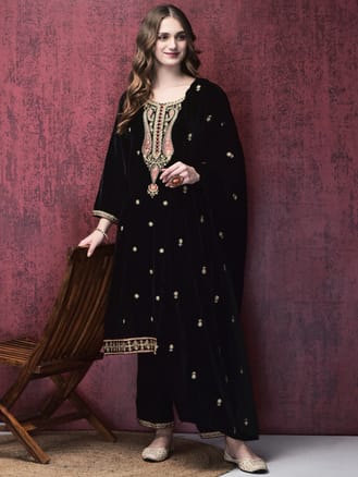 Women Winter Velvet Black Embroidered Kurta Comfort Pant Dupatta