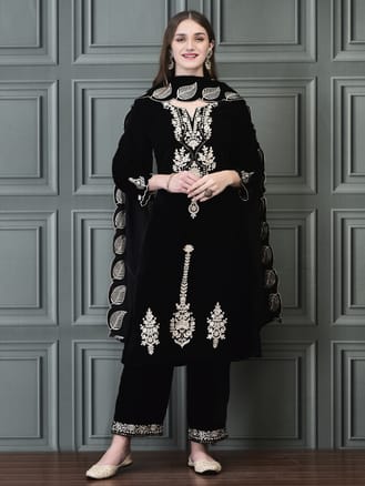 Women Winter Velvet Black Embroidered Kurta Comfort Pant Dupatta