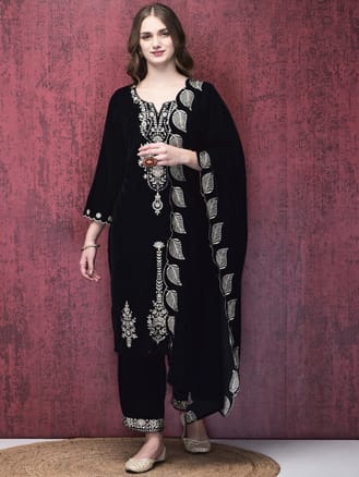 Women Winter Velvet Navy Blue Embroidered Kurta Comfort Pant Dupatta