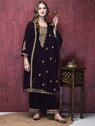 Women Winter Velvet Purple Embroidered Kurta Comfort Pant Dupatta