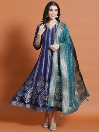 Women Chanderi Blue Printed Dress With Dupatta