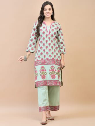 Women Cotton Green Ornamental Print Kurta With Comfort Pant