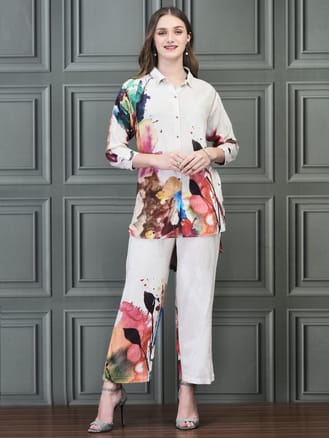 Women Liva (Rayon) Off White Printed Co-Ord Set