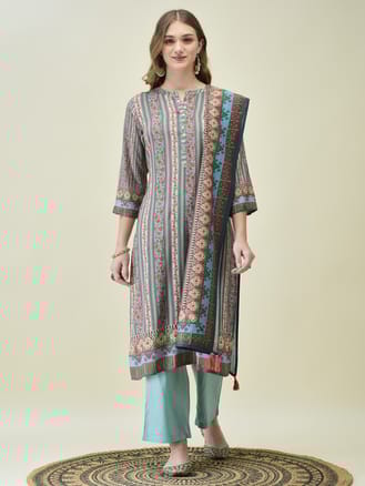 Women Liva (Rayon) Blue Floral Print Kurta Comfort Pant Dupatta
