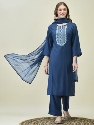 Women Liva (Rayon) Blue Embroidered Kurta Comfort Pant Dupatta