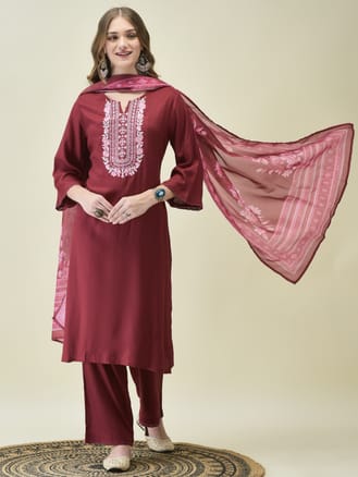 Women Liva (Rayon) Maroon Embroidered Kurta Comfort Pant Dupatta