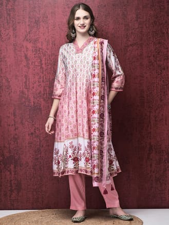 Women Liva (Viscose) Pink Ornamental Print Kurta Trouser Dupatta