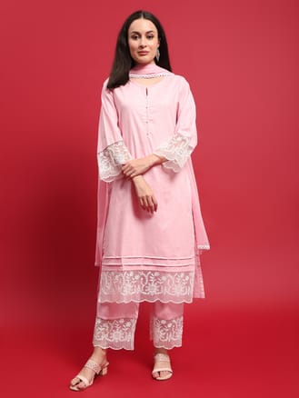 Women Cotton Pink Solid Kurta Comfort Pant Dupatta