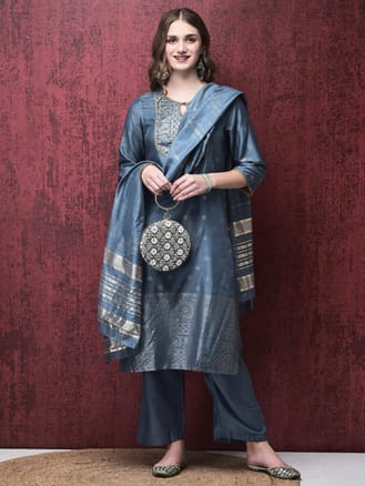 Women Liva (Viscose) Blue Foil Print Kurta Trouser Dupatta