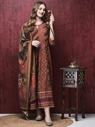 Women Liva (Rayon) Multicolor Mughal Print Dress With Dupatta