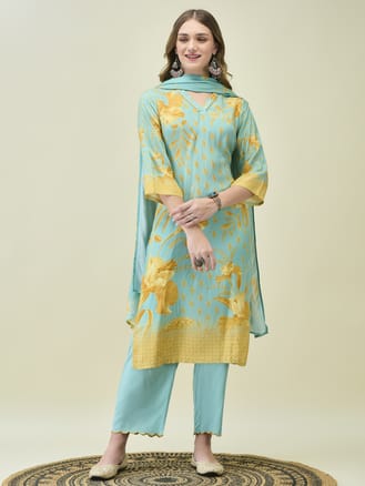 Women Muslin Blue Floral Print Kurta Comfort Pant Dupatta