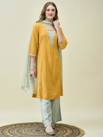 Women Poly Viscose Mustard Solid Kurta Wide Leg Pant Dupatta