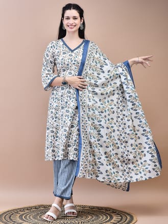 Women Cotton Blue Floral Print Kurta Comfort Pant Dupatta