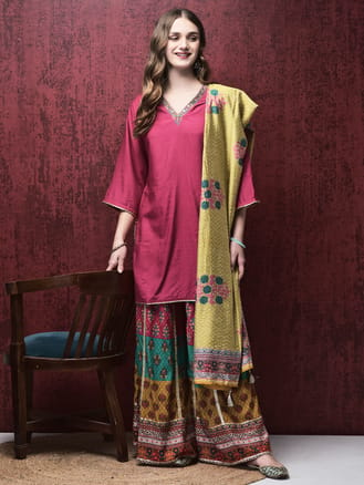 Women Liva (Rayon) Pink Embroidered Kurta Split Pant Dupatta