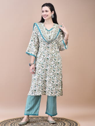 Women Cotton Teal Floral Print Kurta Comfort Pant Dupatta