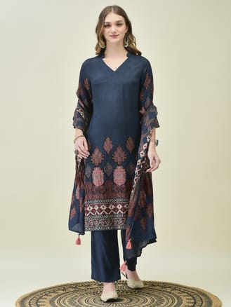 Women Muslin Blue Printed Kurta Comfort Pant Dupatta