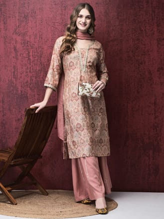 Women Liva (Rayon) Pink Floral Print Kurta Sharara Dupatta