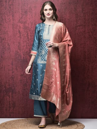 Women Jacquard Blue Woven Kurta Comfort Pant Dupatta