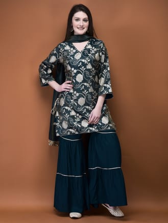 Women Jacquard Blue Woven Kurta Sharara Dupatta