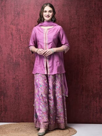 Women Liva (Viscose) Purple Solid Kurta Split Pant Dupatta