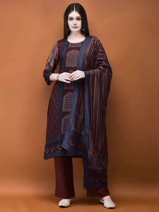 Women Muslin Burgundy Placement Print Kurta Comfort Pant Dupatta