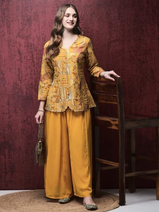 Women Georgette Yellow Embroidered Kurta With Split Pant