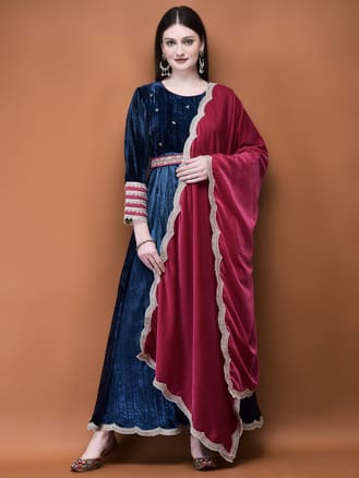 Women Velvet Blue Solid Dress With Dupatta