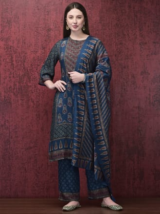 Women Muslin Indigo Ajrakh Print Kurta Comfort Pant Dupatta