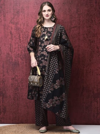 Women Poly Viscose Black Calico Print Kurta Comfort Pant Dupatta