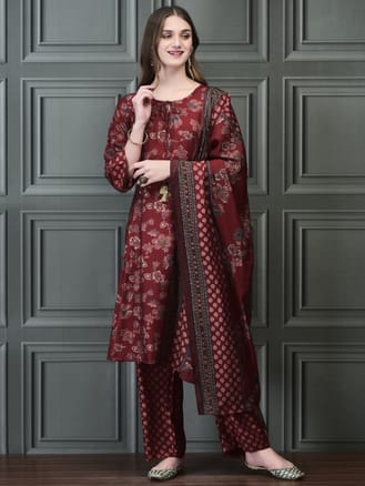 Women Poly Viscose Maroon Calico Print Kurta Comfort Pant Dupatta