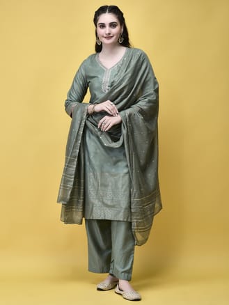 Women Liva Green Foil Print Kurta Comfort pant Dupatta