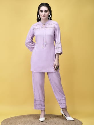 Women Liva (Rayon) Lilac Solid Co-Ord Set
